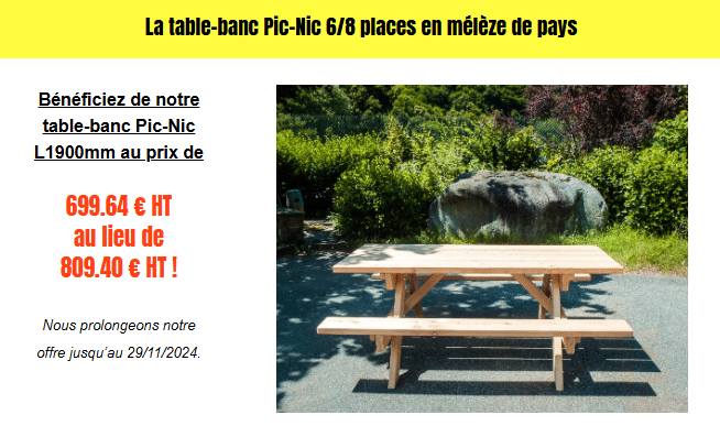 prix exceptionnel pour notre table banc pic nic en mélèze 8 places